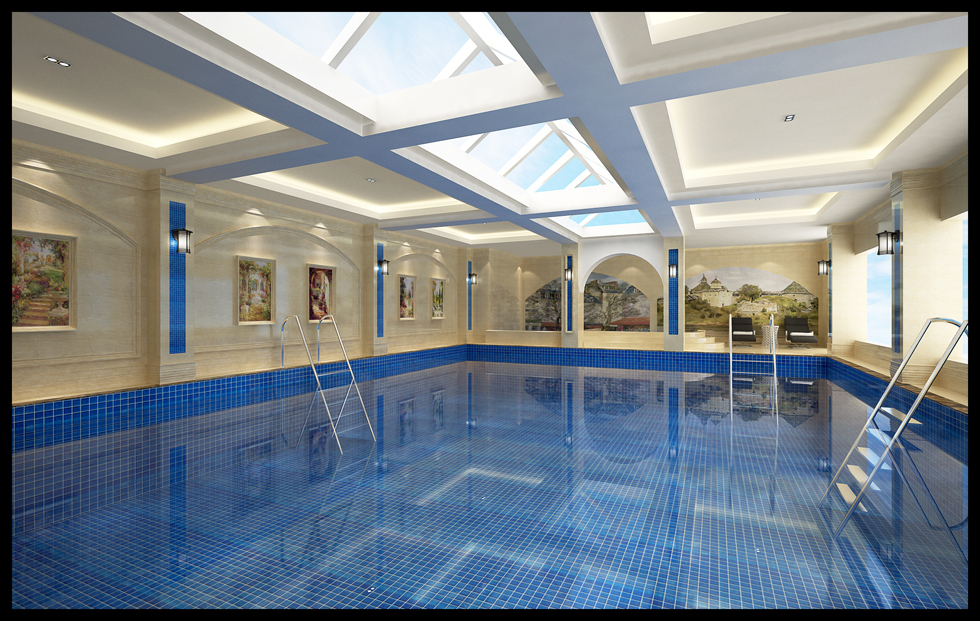 游泳池休闲娱乐场所，简单的色彩搭配加上几幅欧式笔画，更让空间生动灵活起来。